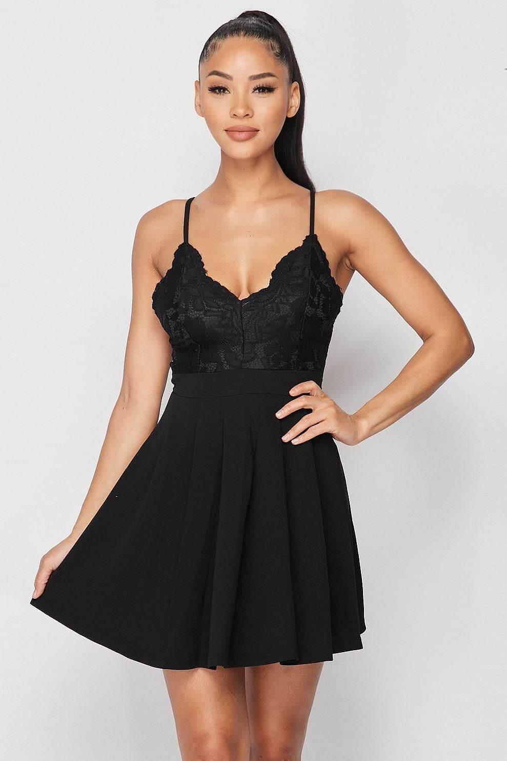 Black Spaghetti Strap Flared Hem Lace Swing Dress