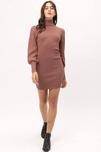 Brown Long Sleeve Turtleneck Mini Sweater Dress - Shopping Therapy, LLC Dress