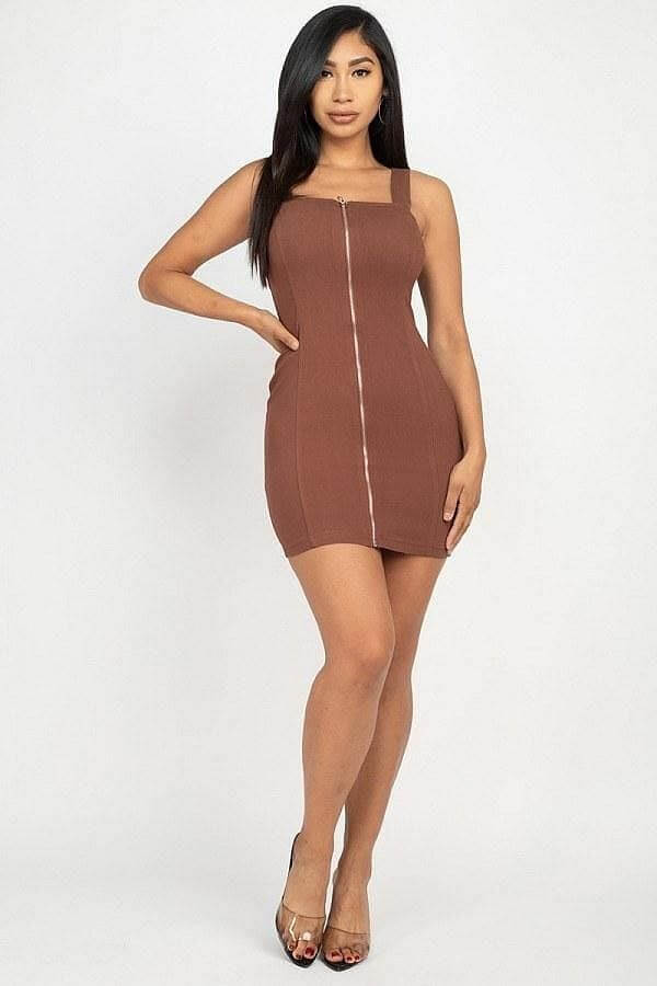 Brown Sleeveless Mini Dress With Front Zipper