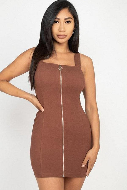Brown Sleeveless Mini Dress With Front Zipper - Shopping Therapy, LLC Dress