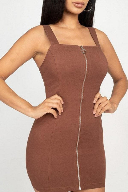 Brown Sleeveless Mini Dress With Front Zipper - Shopping Therapy, LLC Dress