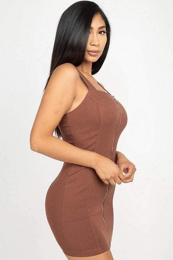 Brown Sleeveless Mini Dress With Front Zipper
