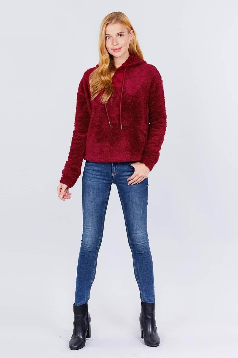 Burgundy Long Sleeve Faux Fur Sweater