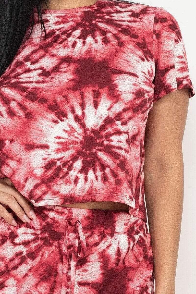 Burgundy Short Sleeve Tie-Dye Top And Pants Set