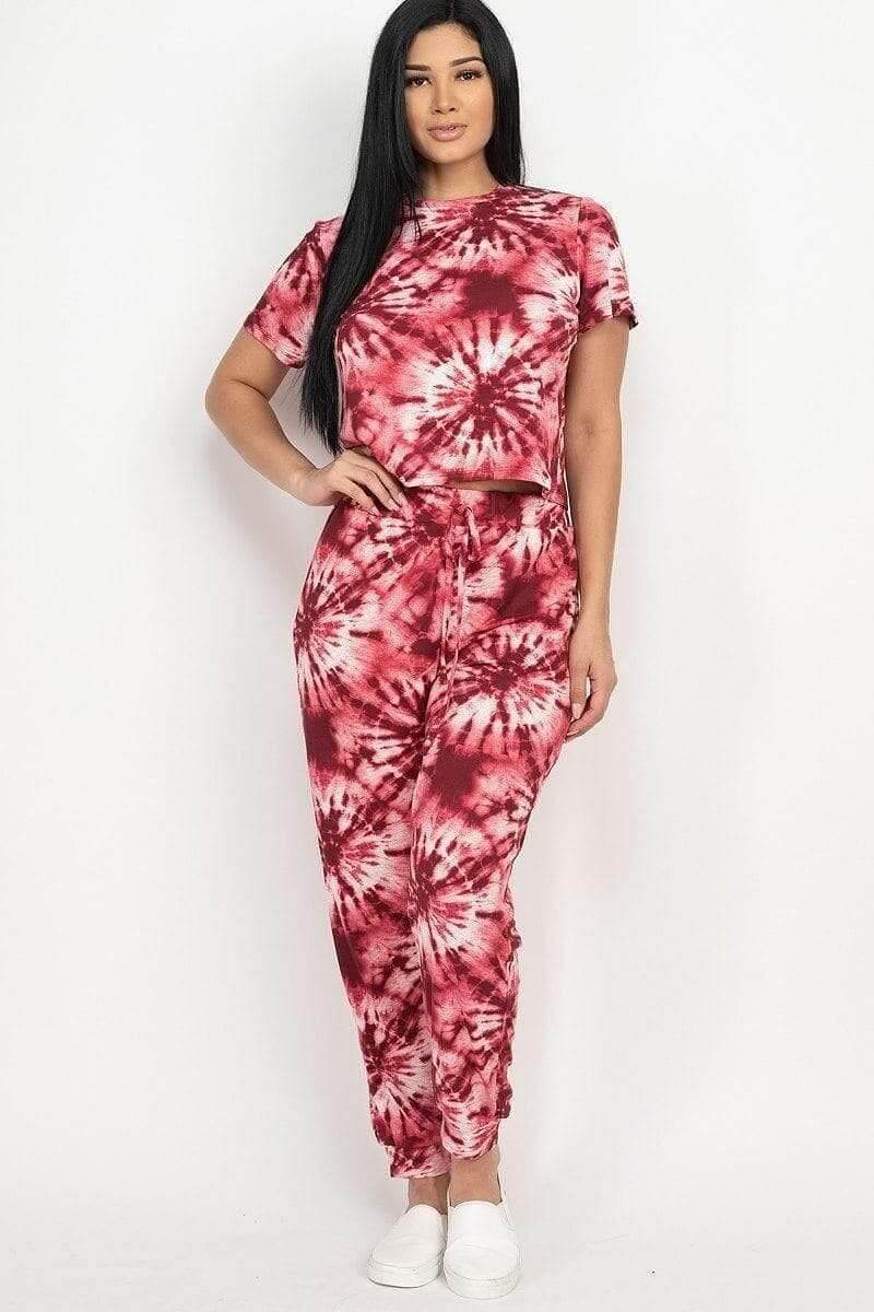Burgundy Short Sleeve Tie-Dye Top And Pants Set