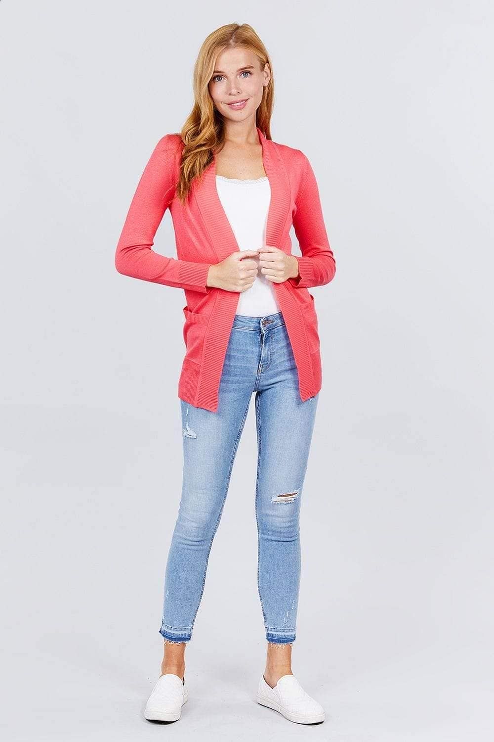 Coral Long Sleeve Open Front Rib Knit Cardigan