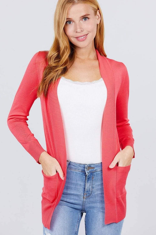Coral Long Sleeve Open Front Rib Knit Cardigan - Shopping Therapy, LLC Cardigan