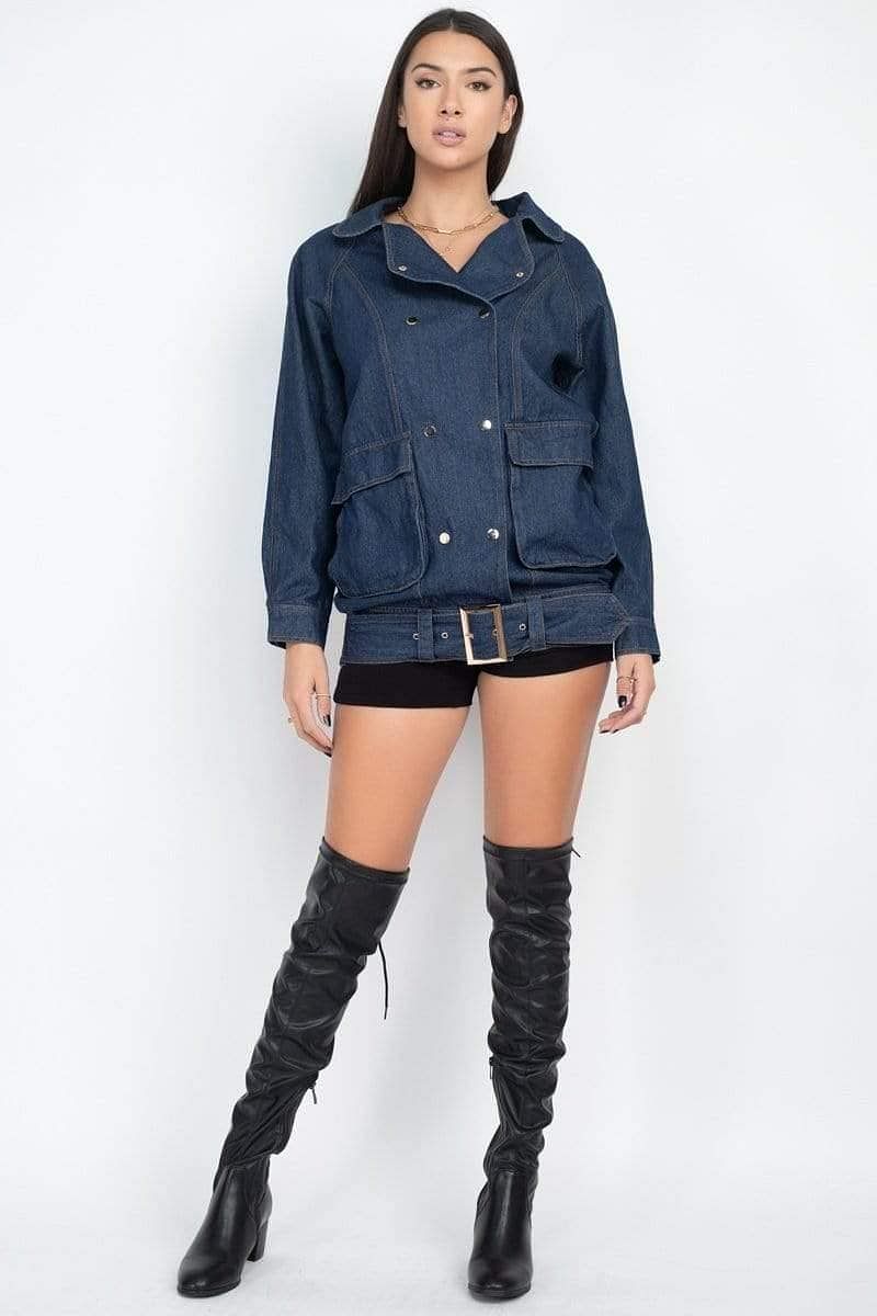Dark Denim Long Sleeve Belted Jacket - Shopping Therapy, LLC Jacket