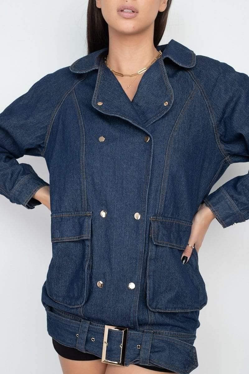 Dark Denim Long Sleeve Belted Jacket - Shopping Therapy, LLC Jacket