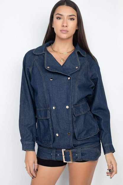 Dark Denim Long Sleeve Belted Jacket - Shopping Therapy, LLC Jacket
