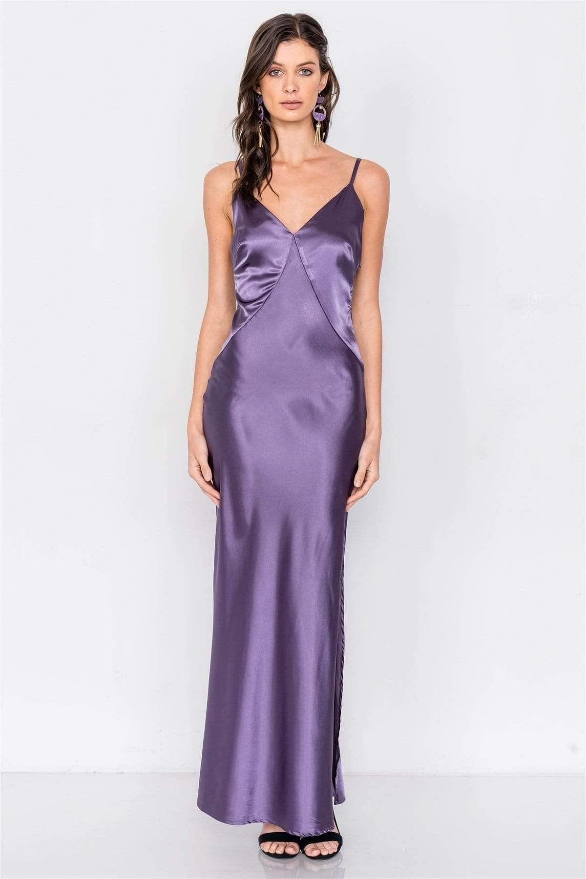 Eggplant V-Neck Satin Maxi Dress - Shopping Therapy, LLC dress
