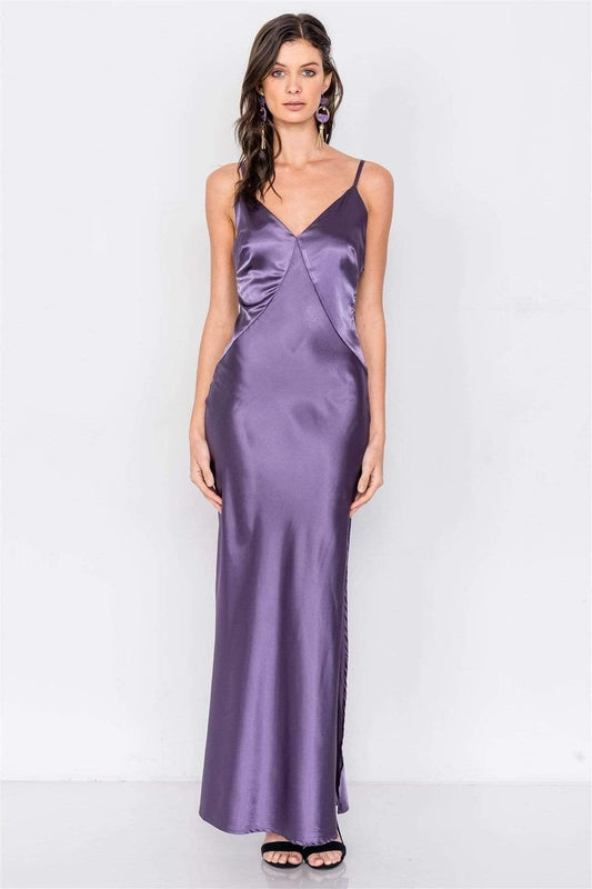 Eggplant V-Neck Satin Maxi Dress - Shopping Therapy, LLC dress