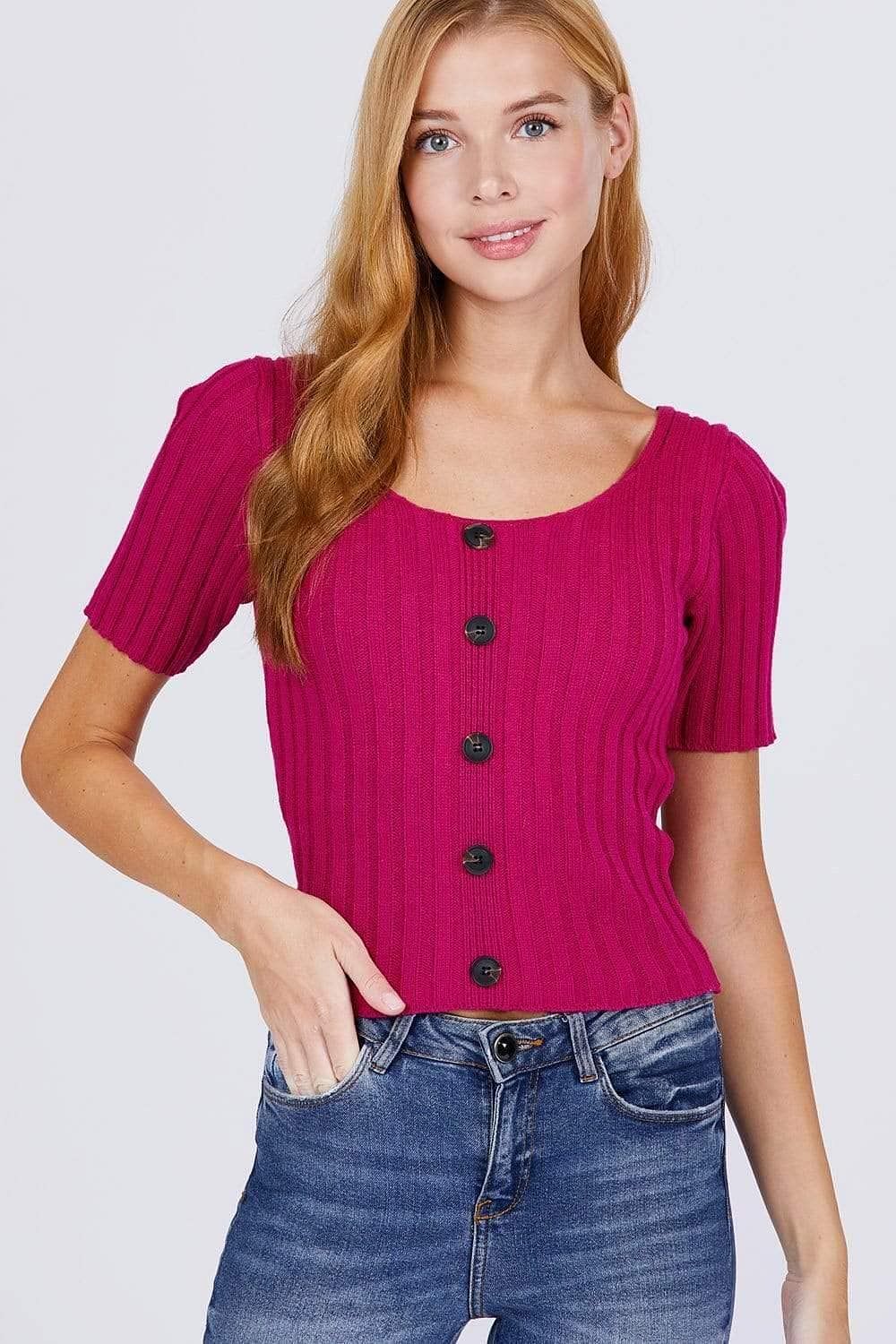 Fuchsia Short Sleeve Rib Knitted Sweater