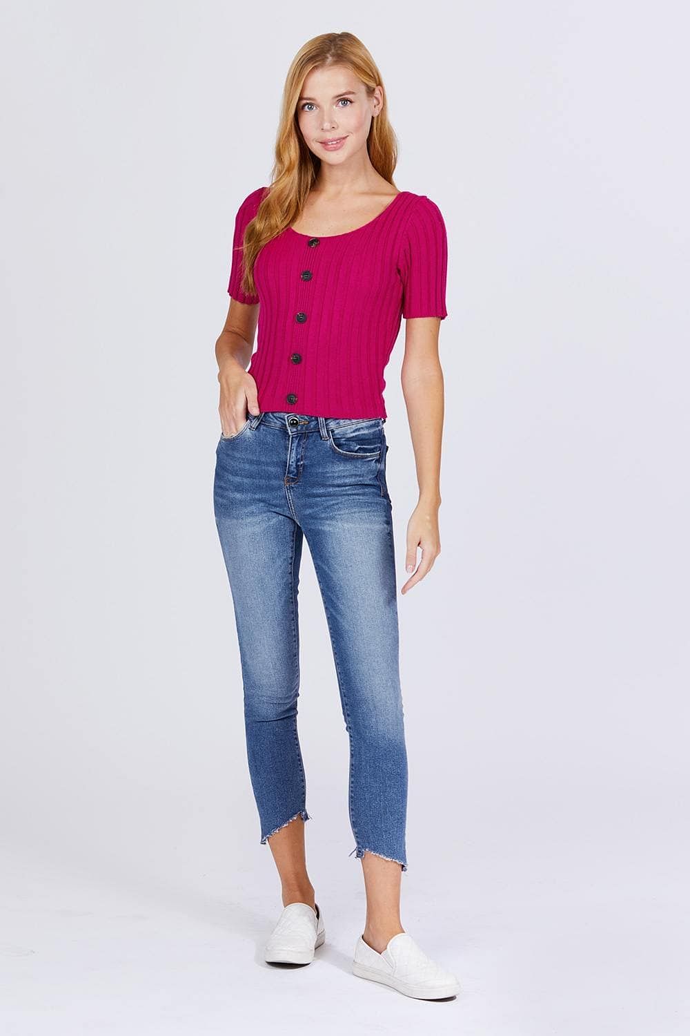 Fuchsia Short Sleeve Rib Knitted Sweater