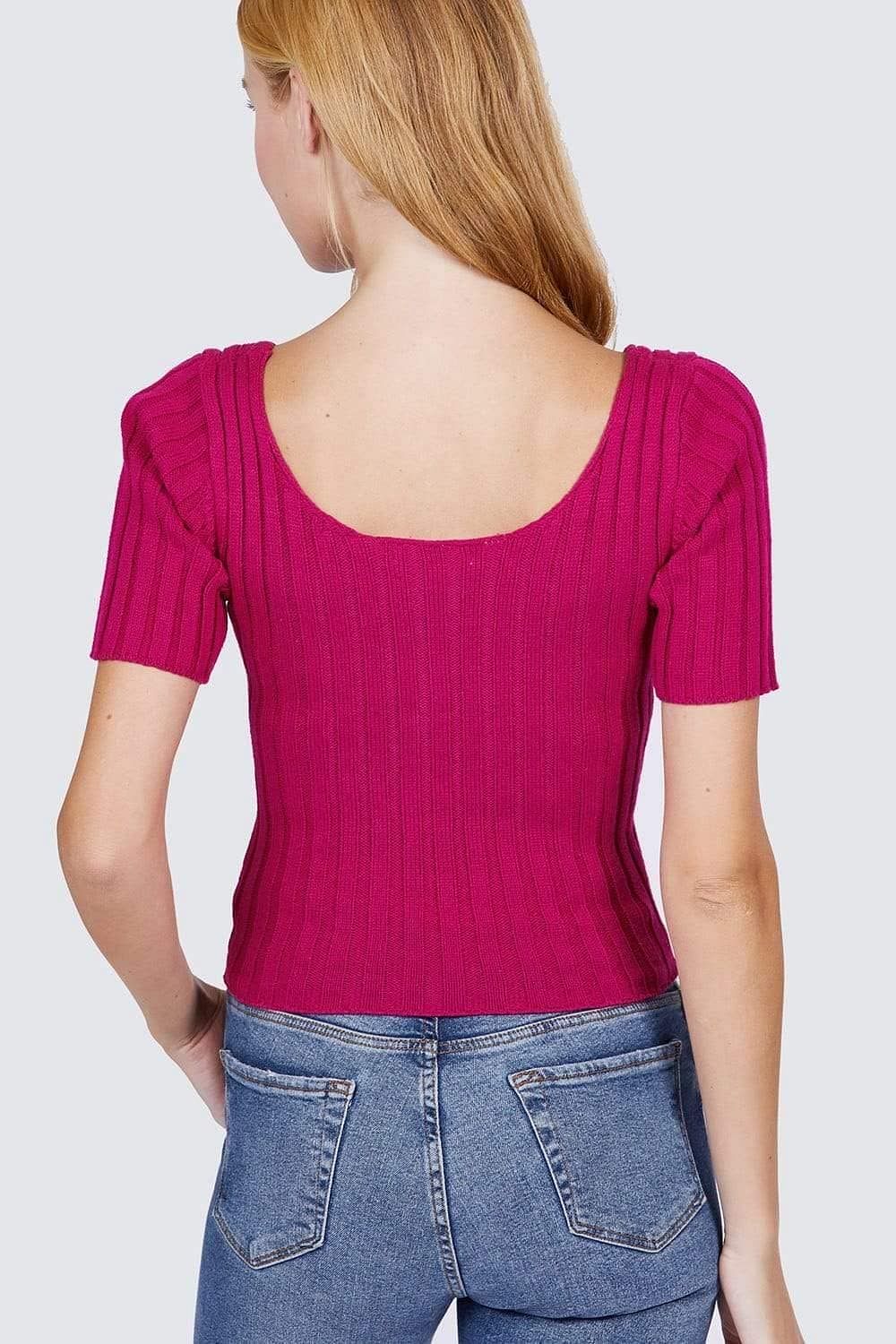Fuchsia Short Sleeve Rib Knitted Sweater