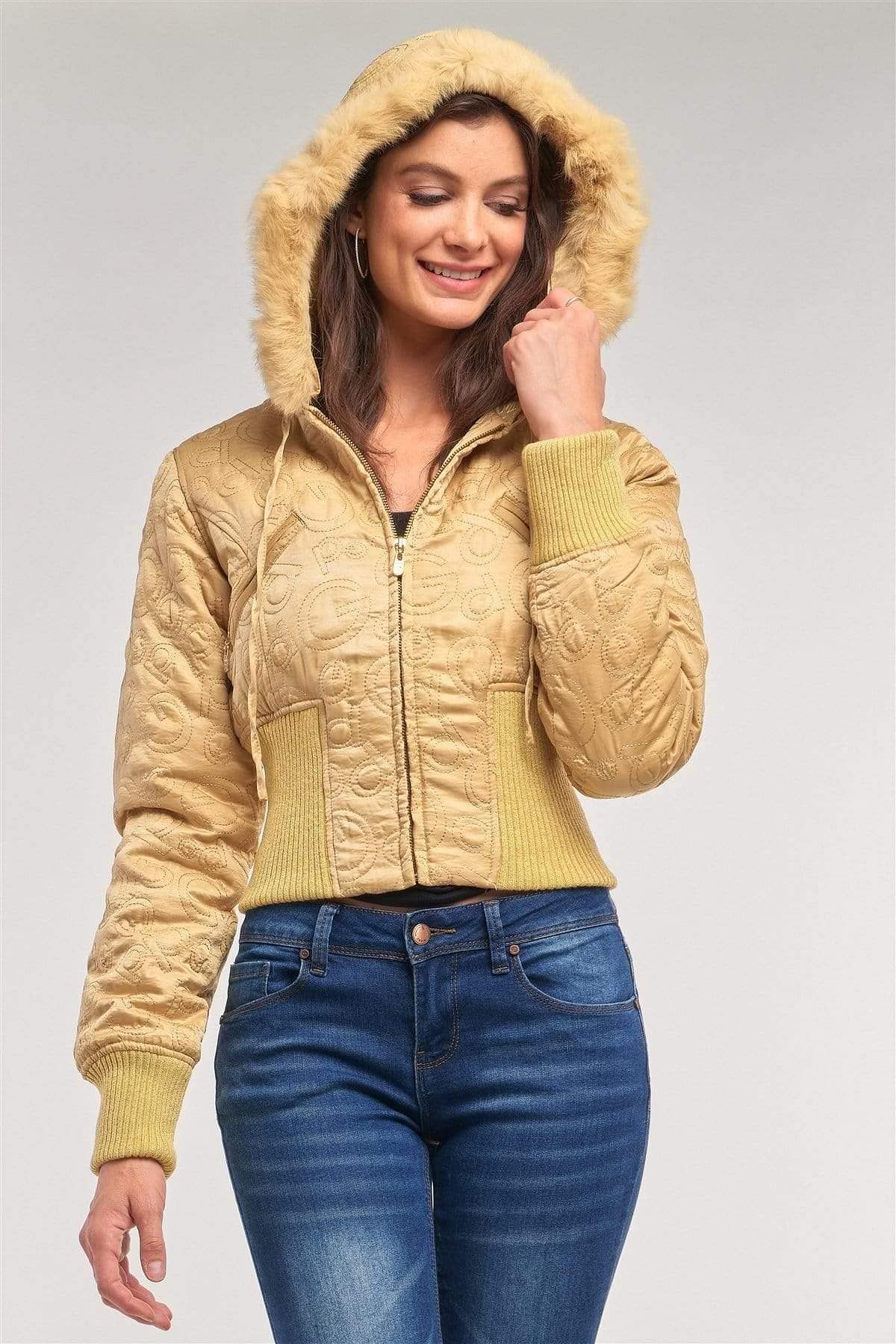 Gold Long Sleeve Faux Fur Winter Bomber Jacket