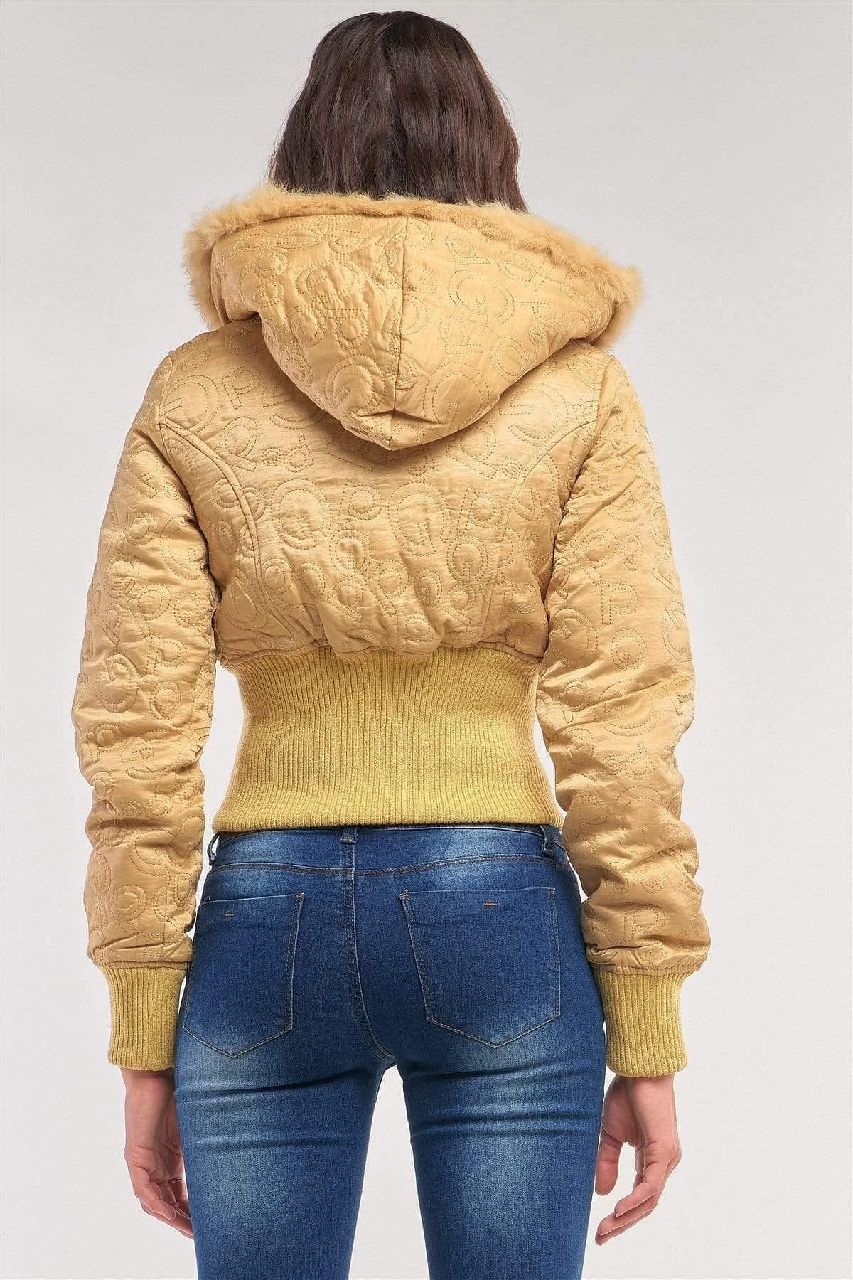Gold Long Sleeve Faux Fur Winter Bomber Jacket - Shopping Therapy, LLC Jackets