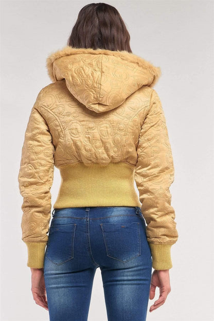 Gold Long Sleeve Faux Fur Winter Bomber Jacket - Shopping Therapy, LLC Jackets