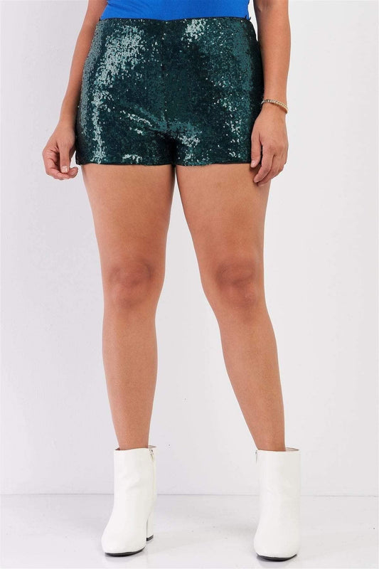 Hunter Green Plus Size High Waist Sequin Shorts - Shopping Therapy, LLC 