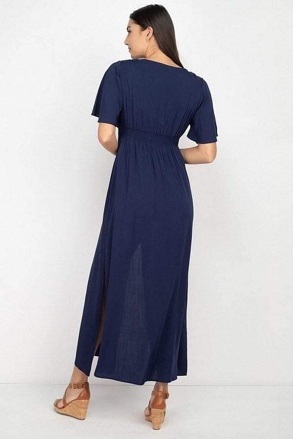 Elegant Navy Smocked Waist Maxi Dress – Side Slit & Flowy Design - Shopping Therapy, LLC 