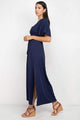 Elegant Navy Smocked Waist Maxi Dress – Side Slit & Flowy Design
