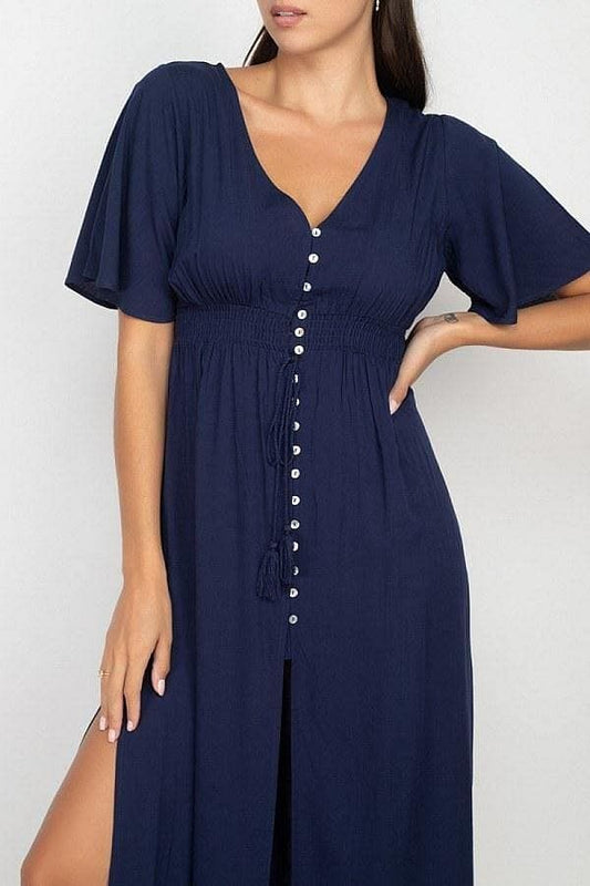 Elegant Navy Smocked Waist Maxi Dress – Side Slit & Flowy Design - Shopping Therapy, LLC 