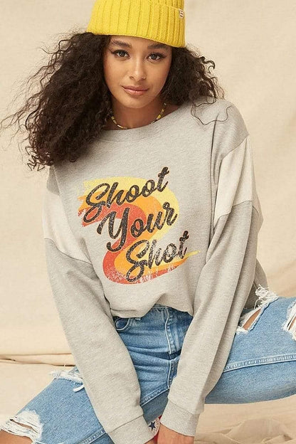 Oatmeal Long Sleeve Shoot Your Shot Graphic Printed Sweatshirt - Shopping Therapy, LLC Sweatshirt