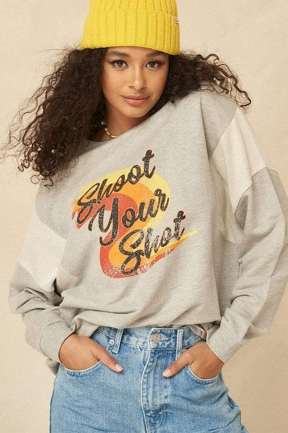 Oatmeal Long Sleeve Shoot Your Shot Graphic Printed Sweatshirt - Shopping Therapy, LLC Sweatshirt