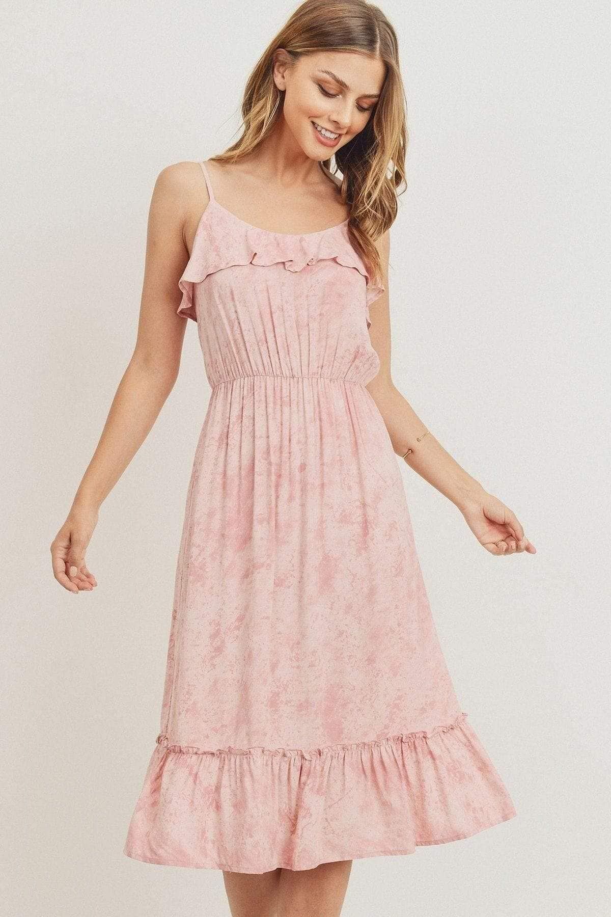 Pink Spaghetti Strap Ruffle Midi Dress