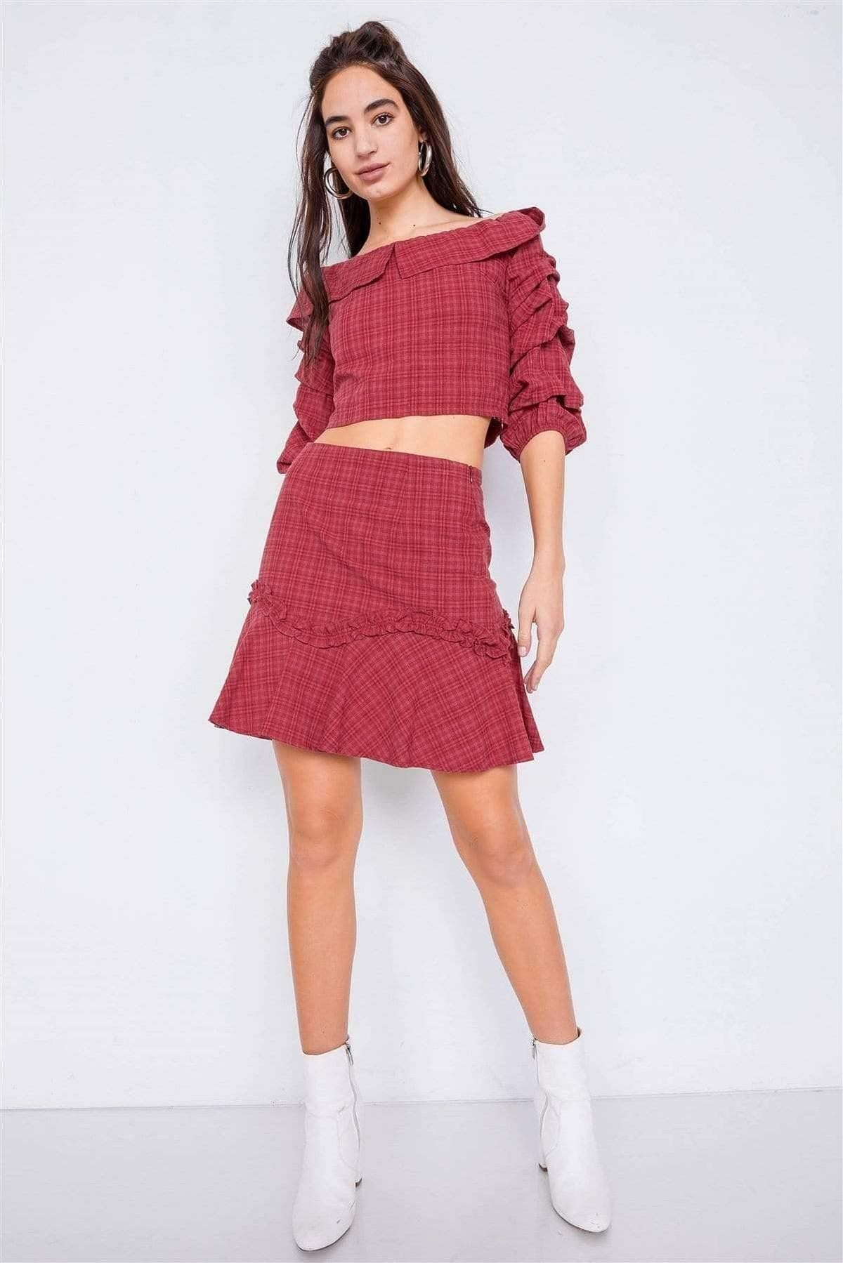 Raspberry Ruffle Sleeve Crop Top & Mini Skirt Set