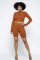 Rust Ribbed Crop Top & Biker Shorts Set – Long Sleeve, Front Button Detail