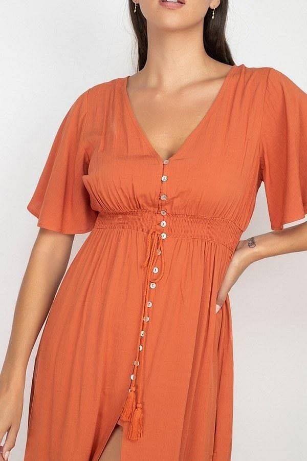 Rust Smocked Waist Maxi Dress With Side Slit