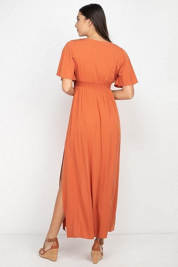 Rust Smocked Waist Maxi Dress With Side Slit