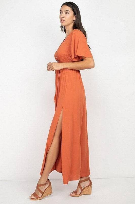 Rust Smocked Waist Maxi Dress With Side Slit - Shopping Therapy, LLC dress
