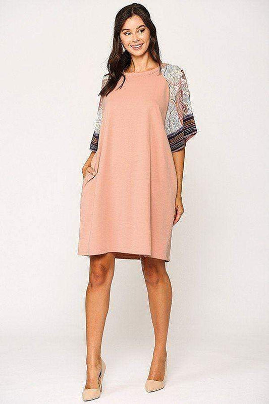 Salmon 3/4 Dolman Sleeve Mini Shift Dress - Shopping Therapy, LLC Apparel & Accessories