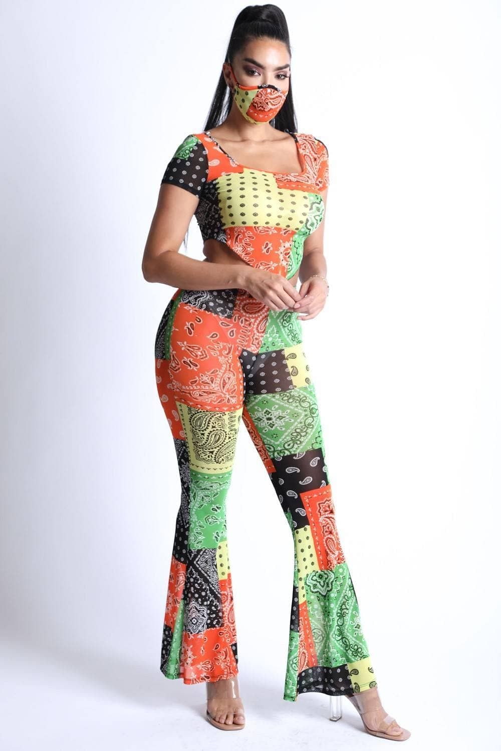 Short Sleeve Crop Top With Bell Bottom Pants - Shopping Therapy, LLC Sets