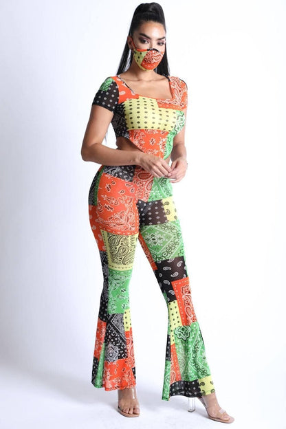 Short Sleeve Crop Top With Bell Bottom Pants - Shopping Therapy, LLC Sets