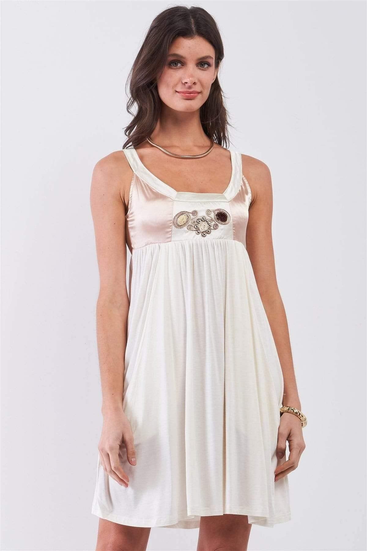 White Embroidered Sleeveless Satin Mini Dress