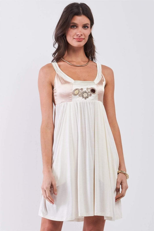 White Embroidered Sleeveless Satin Mini Dress - Shopping Therapy, LLC Dress