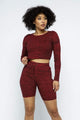 Wine Ribbed Crop Top & Biker Shorts Set – Long Sleeve Two-Piece Loungewear